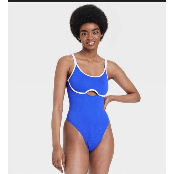 Colsie Women's Contrast Trim Keyhole Thong Bodysuit Stunning Blue S NWT - Picture 1 of 5